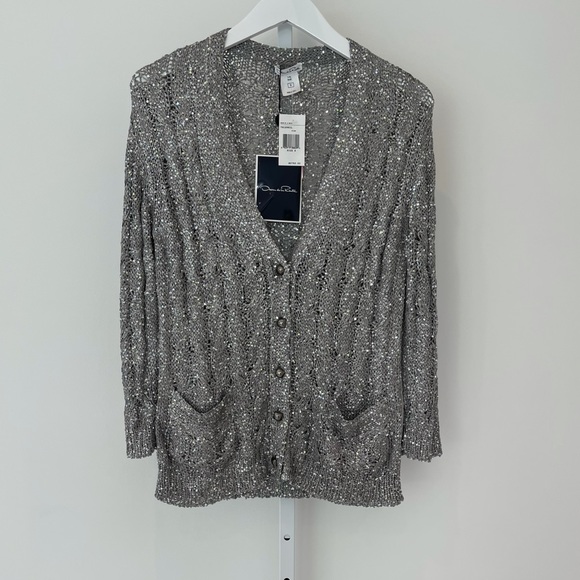 OSCAR DE LA RENTA SILVER SEQUINS SILK CARDIGAN SIZE S NWTS! - Picture 4 of 16